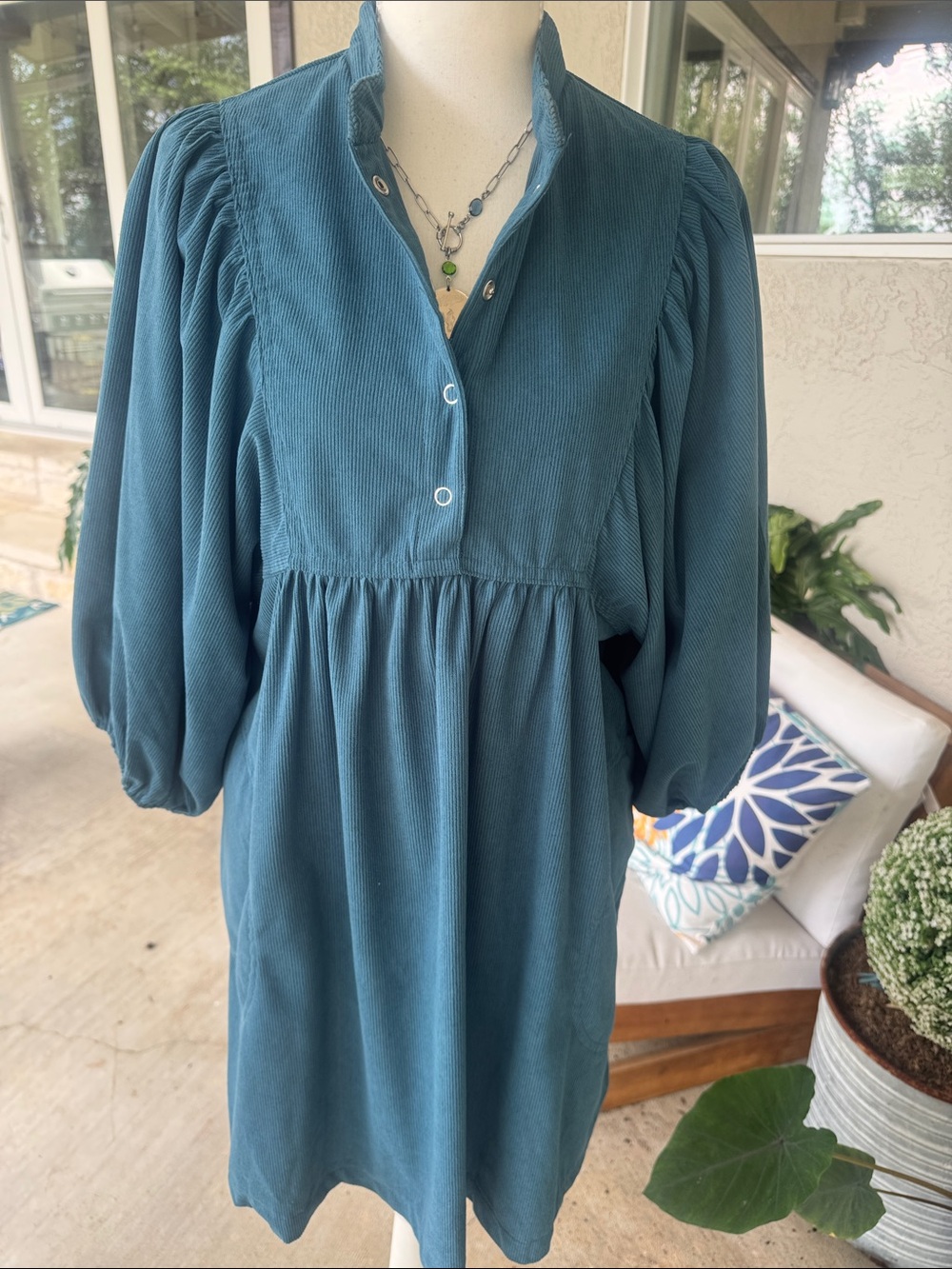 Umgee Teal Puff-Sleeve Corduroy Tunic Dress SZ Small Brand New 2 side pockets